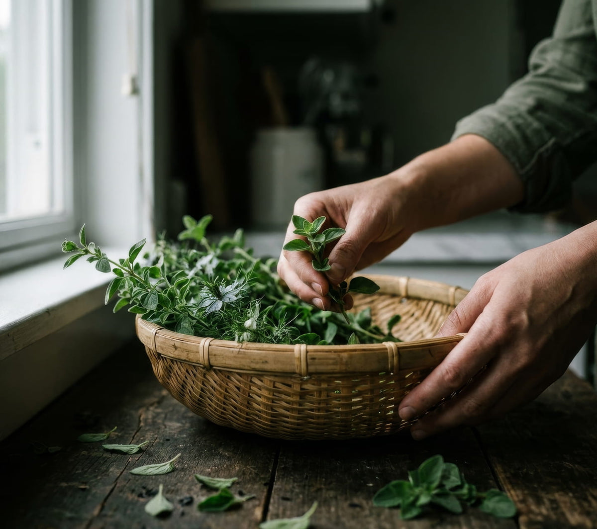 Fresh herbs being gathered into a basket