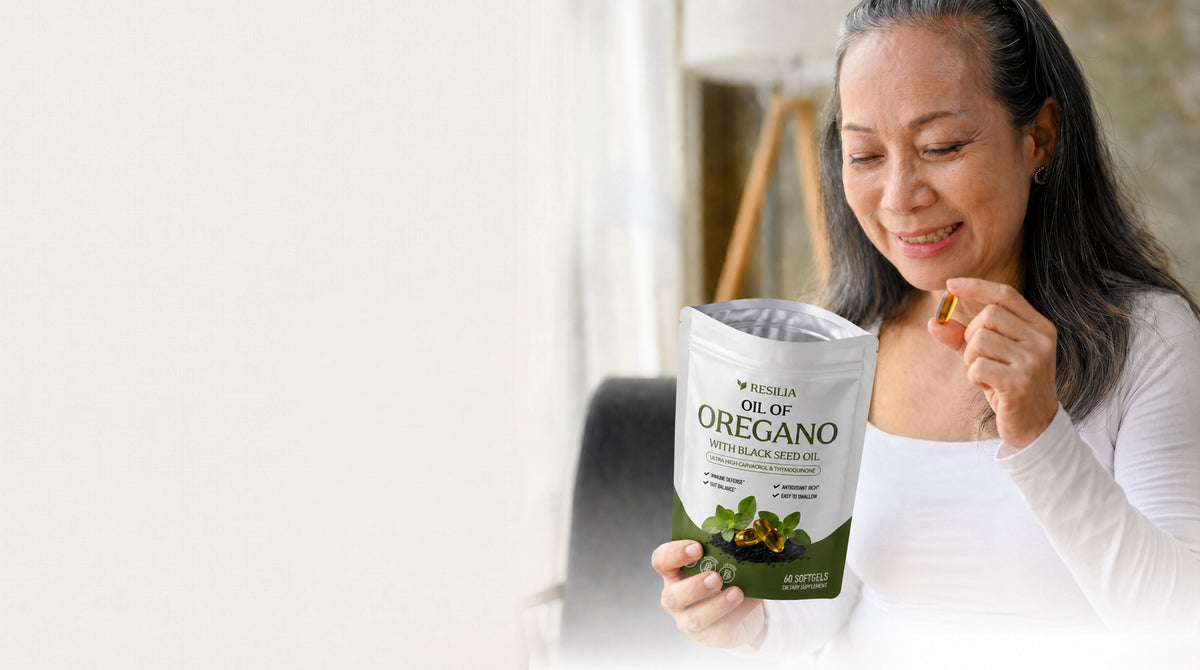 Woman holding a wellness supplement